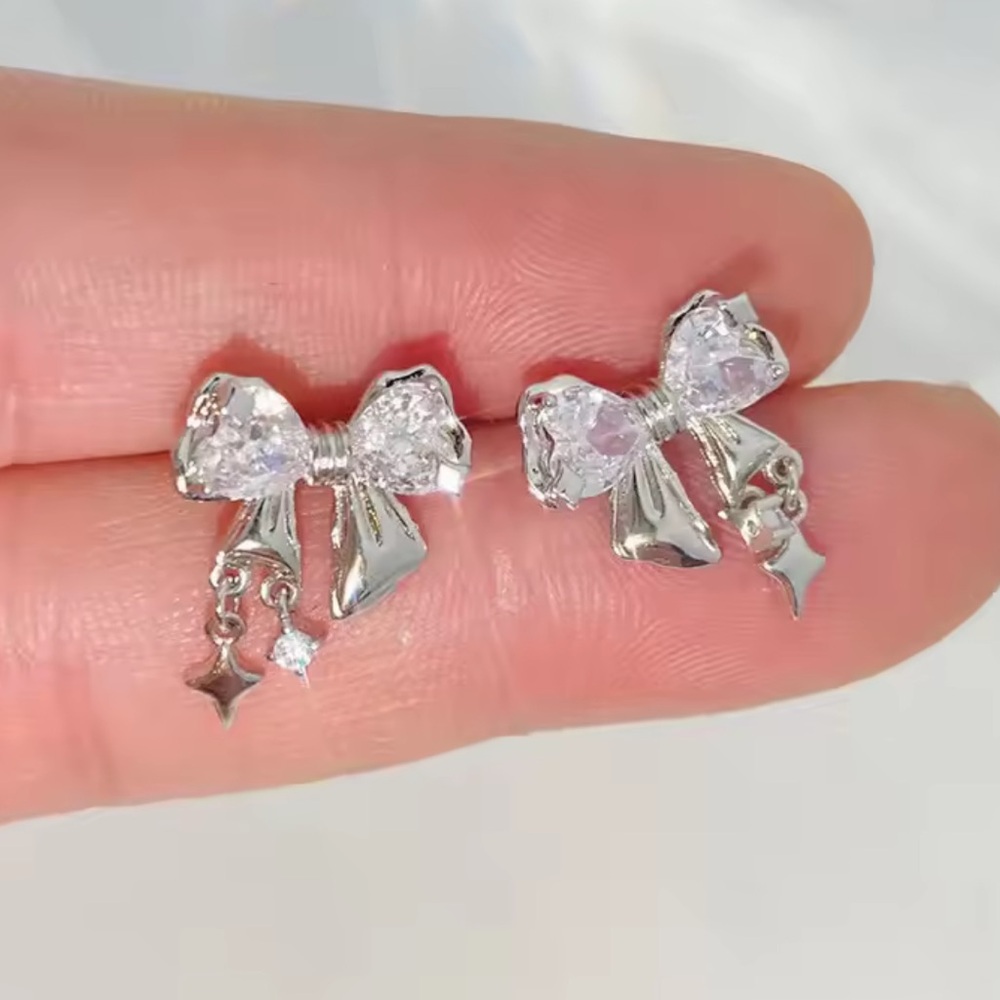 Silver Bow Earrings with Crystal Accents